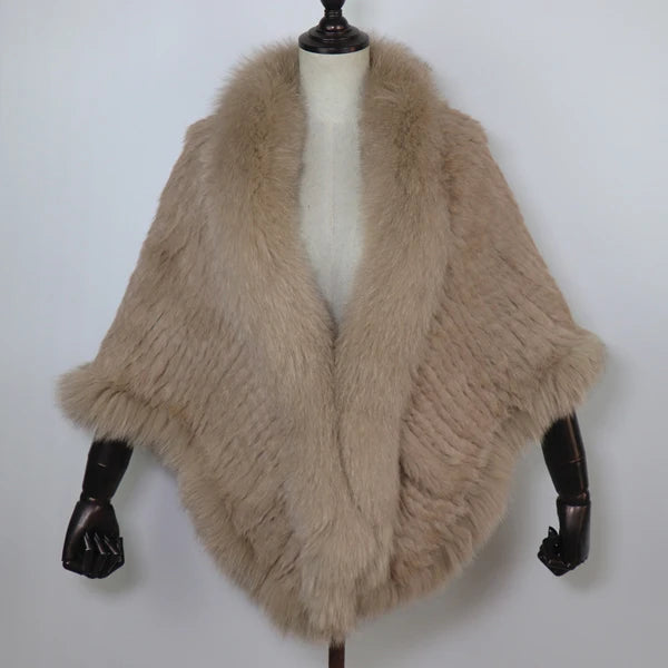 Women 100% Real Rabbit Fur Shawl Scarf With Fox Fur Collar Winter Warm Knitted Rabbit Fur Poncho Girls Party Fashion Accessories