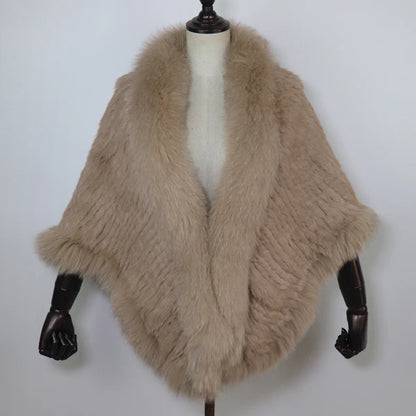 Women 100% Real Rabbit Fur Shawl Scarf With Fox Fur Collar Winter Warm Knitted Rabbit Fur Poncho Girls Party Fashion Accessories