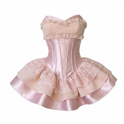 REDDACHiC Tiered Ruffle Mini Party Dress Lolita OP Lace Splice Satin Corset Boned Strapless Desire One-piece Party Women Clothes