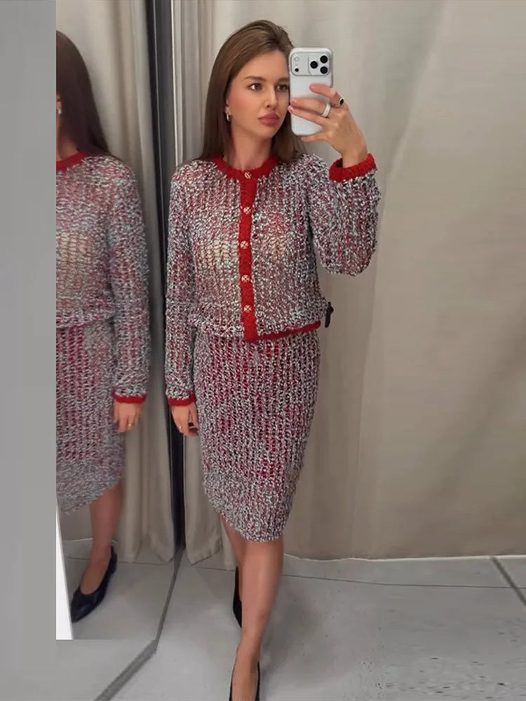 Fashion Knit Hollow Out Women's Skirt Suit O-neck Single Breasted Full Sleeve Cardigan Long Straight Skirts 2026 Autumn Lady Set