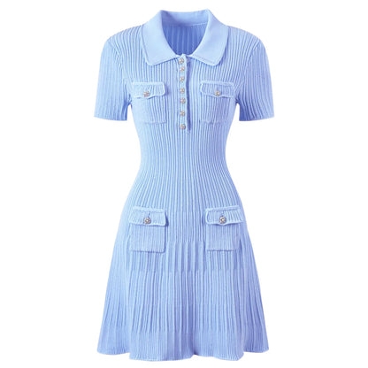 ZJYT Runway 2025 Women's Fashion Summer Knitted Sweater Dress Designer Turn-Down Collar Mini Party Dress Blue White Vestidos