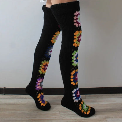 2025 New Womens Autumn Winter Thigh Socks Extra Long Ethnic Crochet Knit Stockings Over Knee Socks Hot Sale