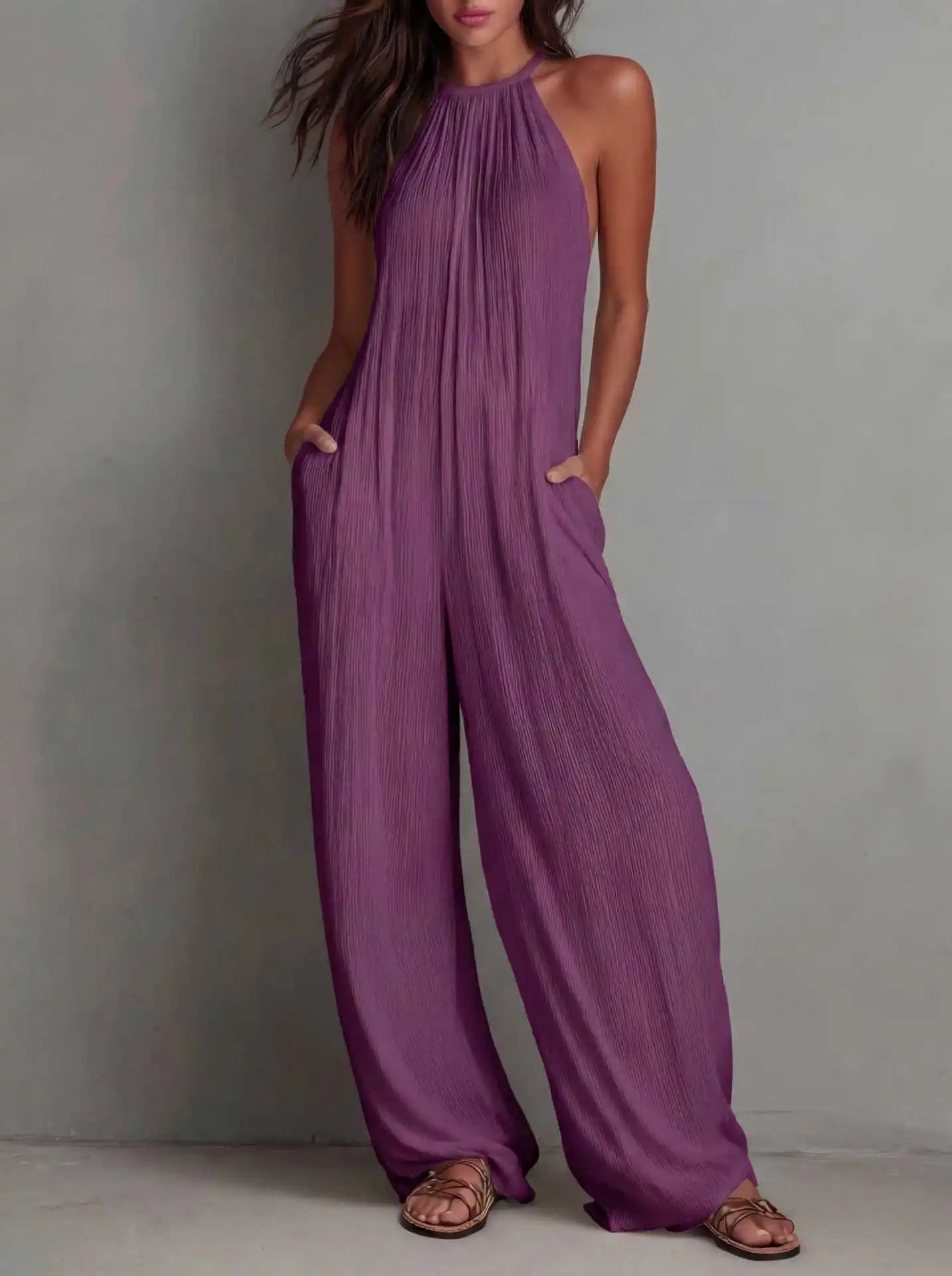 Women's Halter Sleeveless Jumpsuit New Beach Vacation Textured Overalls with Pockets Wide Leg Romper Casual Spring Summer Outfit