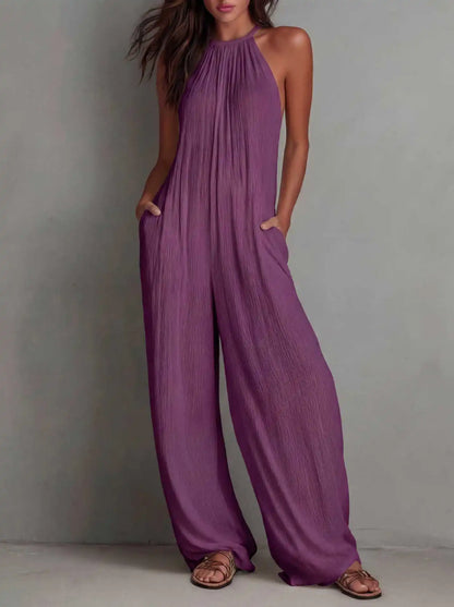 Women's Halter Sleeveless Jumpsuit New Beach Vacation Textured Overalls with Pockets Wide Leg Romper Casual Spring Summer Outfit
