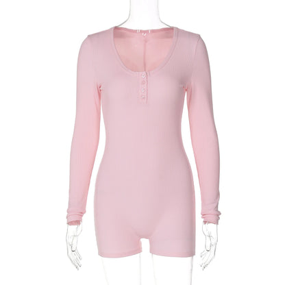 Hugcitar Spring Ribbed Solid Square Collar Long Sleeve Buttons Sexy Bodycon Skinny Playsuit Women Casual Romper Streetwear Sport