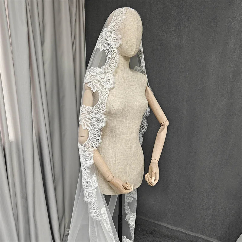 Customized Mantilla Wedding Veil with Eyelash Lace, 2.5m/3m/3.5m/4m Single Tier Long Ivory Bridal Veil with Hidden Comb