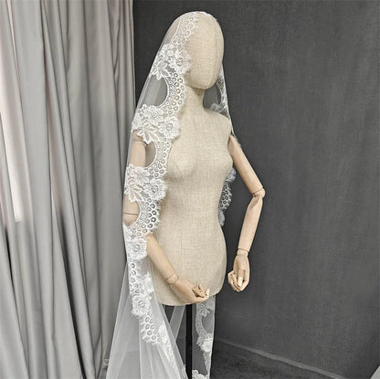 Customized Mantilla Wedding Veil with Eyelash Lace, 2.5m/3m/3.5m/4m Single Tier Long Ivory Bridal Veil with Hidden Comb