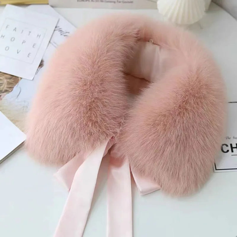 Winter Warm Fox Fur Collar Female Real Fur Collar Fashion Fluffy Clothing Accessories Collar Women Luxury Fur Scarf With Ribbons