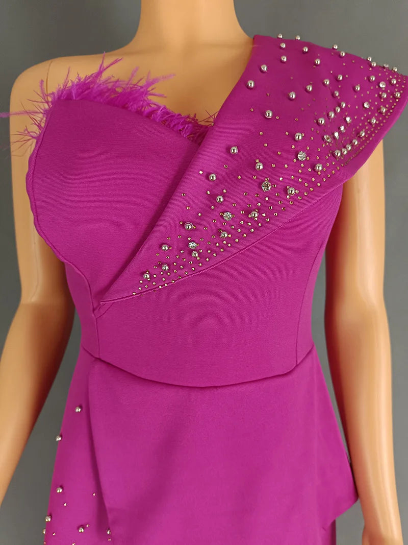 Women Jumpsuit One Shoulder Feather Diamond Peplum Party Fashion Female One Piece African Event Occasion Rompers New Summer 2024