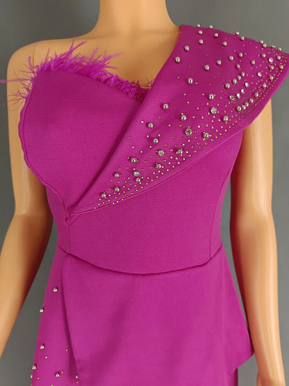 Women Jumpsuit One Shoulder Feather Diamond Peplum Party Fashion Female One Piece African Event Occasion Rompers New Summer 2024