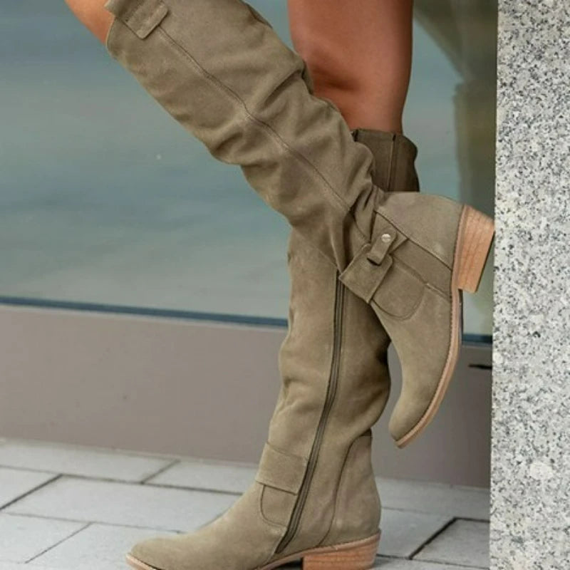 Women's Boots Suede Mid-Calf Boots Low Heel Side Zip Women Casual Shoes Autumn Winter Knee High Boot Retro Plus Size Long Boots