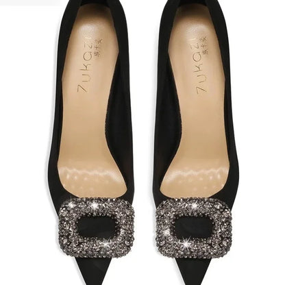 2025 Women's Summer New Luxury Crystal Square Buckle Design Sexy Pointed Stilettos Elegant Banquet Dress Party Shoes Plus Size