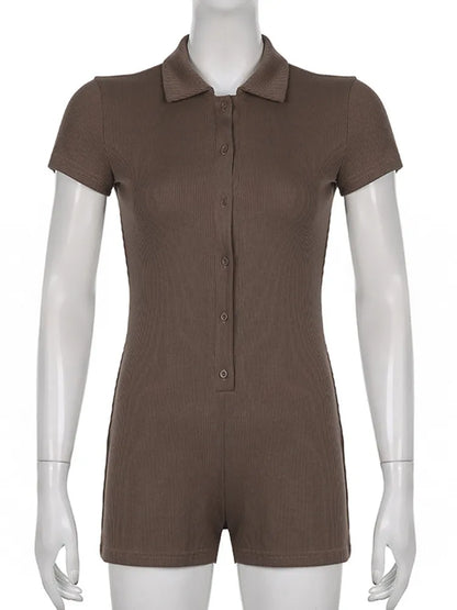 Fashion Solid Color Lapel Short Playsuit One-Piece Slim Fit Button Down Short Sleeve Rompers Casual Knit Y2k Womens Clothing