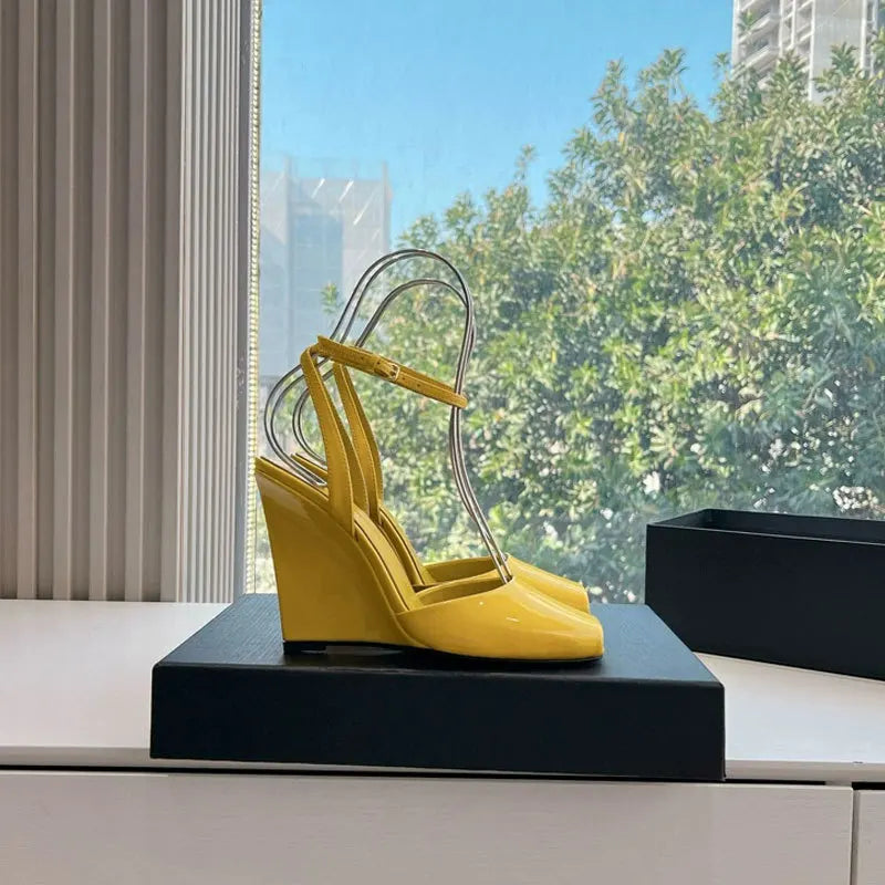 Ankle Strap Patent Leather Peep Toe Summer Women Sandals Wedges High Heel Buckle Strap Design Large Size Fashion Show Shoes