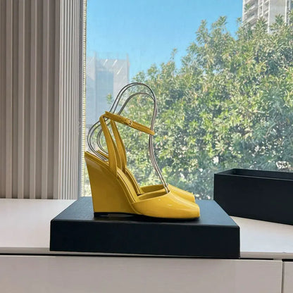Ankle Strap Patent Leather Peep Toe Summer Women Sandals Wedges High Heel Buckle Strap Design Large Size Fashion Show Shoes