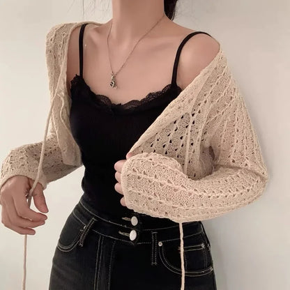 Women Tie Front Crop Cardigan Sheer Openwork Crochet Knit Top Lightweight Bolero Sweater Summer Fairycore Boho Chic Beach Outfit