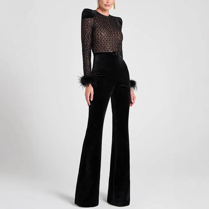 New Women's Fashion Long Sleeve Round Neck Gold Velvet Patchwork Sexy Jumpsuit Ladies Solid Color Slim Fit Jumpsuit For Women