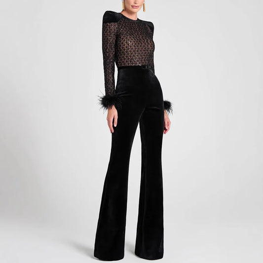 New Women's Fashion Long Sleeve Round Neck Gold Velvet Patchwork Sexy Jumpsuit Ladies Solid Color Slim Fit Jumpsuit For Women