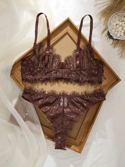 Ladies' Basic Style Thin Lace Bra And Panty Set Seamless Single Layer Eyelet Underwear Comfortable Intimate Apparel