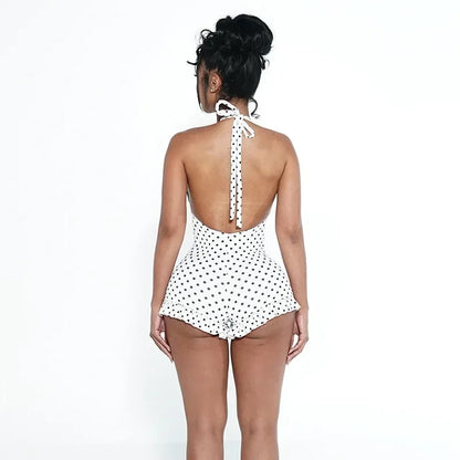 Bandage Halter Playsuits Women Polka Dot Print Summer Ruched Outfits Slim Backless Sleeveless V Neck Rompers Vacation Beach Gift