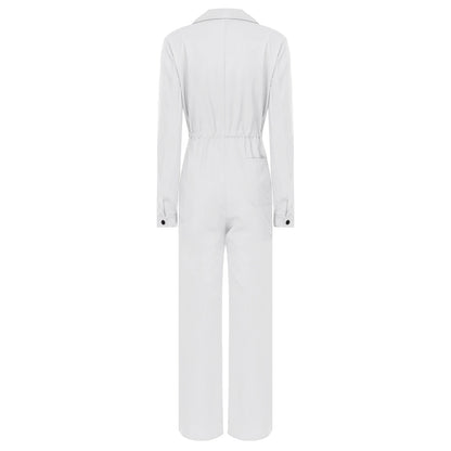 Womens Fashion Work Coverall Rompers Casual Solid Color Turn-Down Collar Long Sleeve Button Jumpsuit Travel Holiday Cargo Pants