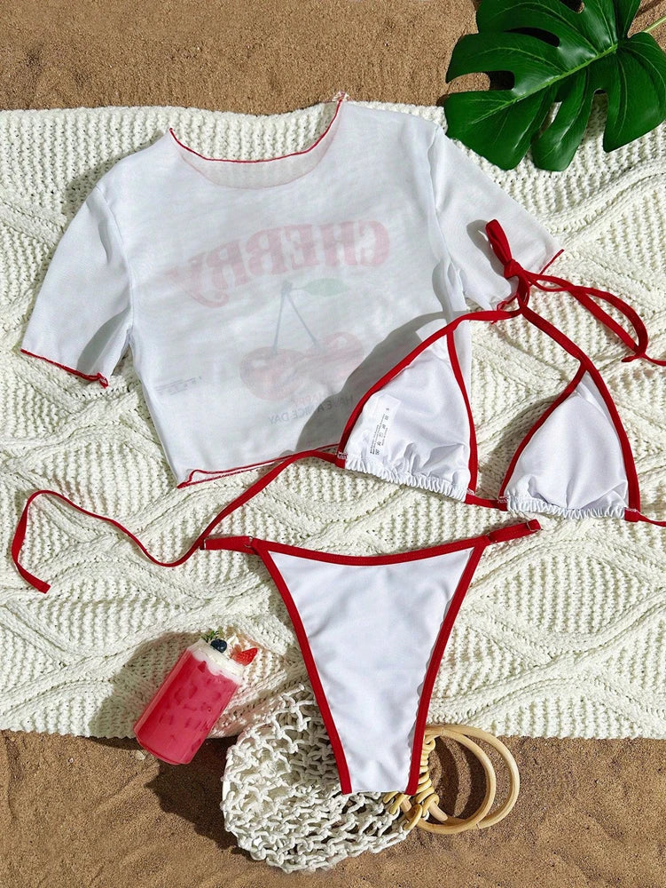 Cute Halter Bikini 3 Pieces Cherry Print 2026 Sexy & Fresh Feeling Bathing Suit Three-Piece Swimsuit Dark Blue Beach Swimwear