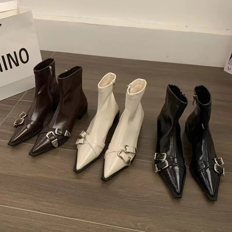 2026 Fashion Buckle Decor Side Zipper Casual Women's Ankle Boots New Solid Pointed Toe Mid Heel Comfort Outdoor Boots for Women