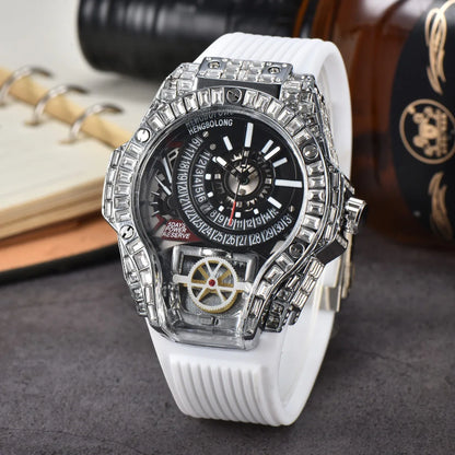 Business Full Diamond Case Luxury Top Mens Watches Rubber Strap Color Creative Decorative Quartz Watch Men AAA Clocks Relogio