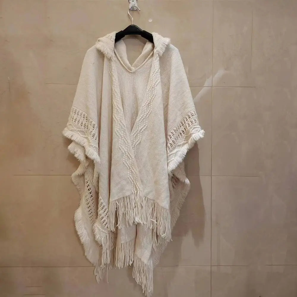 Wedding Party Cloak Hooded Knitted Shawl Bohemian Winter Warm Ladies Tassel Cape Oblique Stripe Wraps Scarf Coat