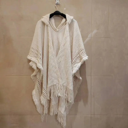 Wedding Party Cloak Hooded Knitted Shawl Bohemian Winter Warm Ladies Tassel Cape Oblique Stripe Wraps Scarf Coat