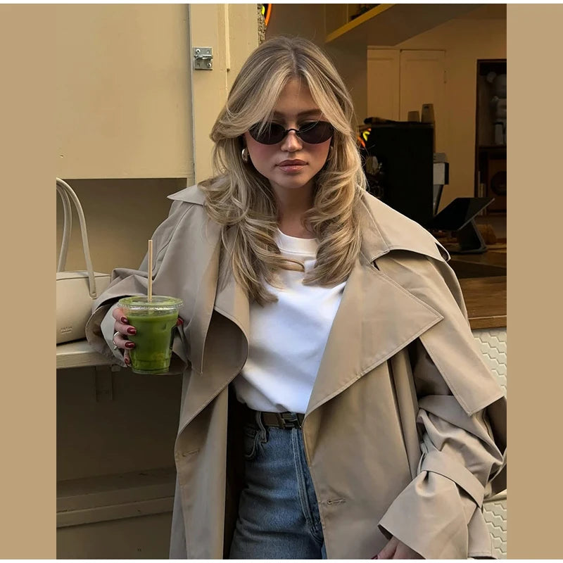 Women Black Long Solid Color Trench Coat Stand Collar Loose Drop Shoulder Single-breasted Windbreaker Lady Commute Outing Wear