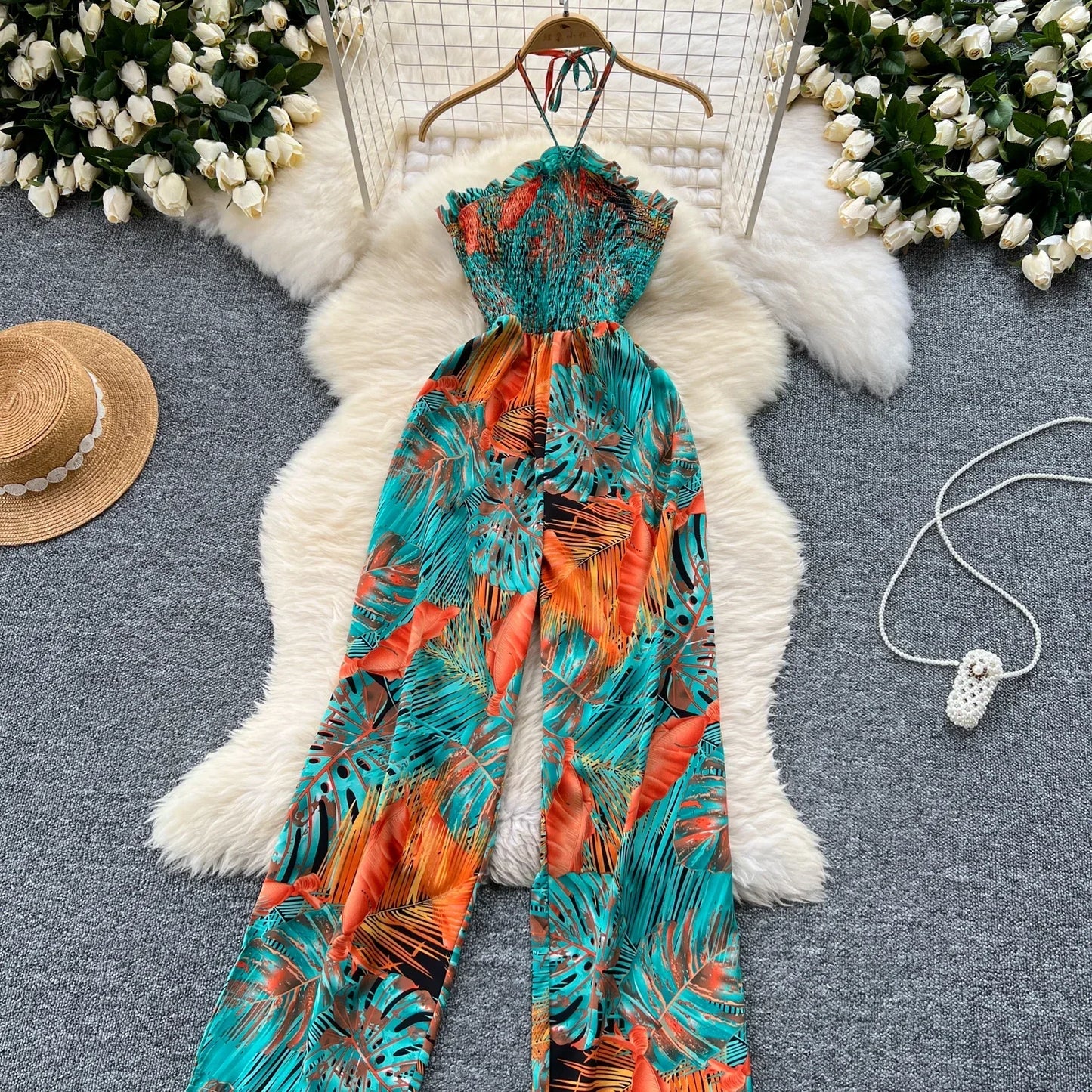 2024 New Summer Sexy Bohemian Leaf Print Jumpsuits Women Sleeveless Sexy Long Jumpsuit Mujer Casual Holiday Beach Rompers