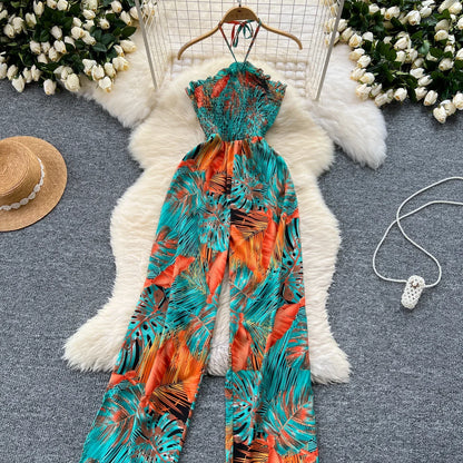 2024 New Summer Sexy Bohemian Leaf Print Jumpsuits Women Sleeveless Sexy Long Jumpsuit Mujer Casual Holiday Beach Rompers