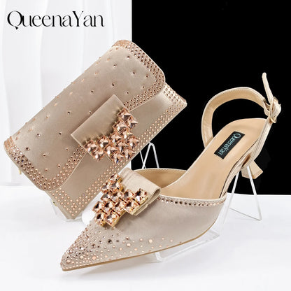 QueenaYan Elegant Navy Blue Handbag and Medium Heel Shoes Set with Beautiful Handmade Metal Decoration for Weddings and Parties