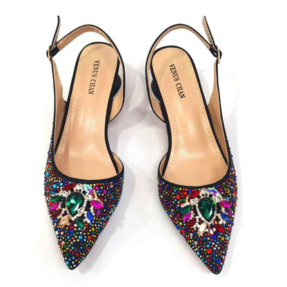 Purple 2024 Italian Design Girly Style Opend Toe Shoes And Bag Full Diamond Decoration with Appliques for Wedding Party
