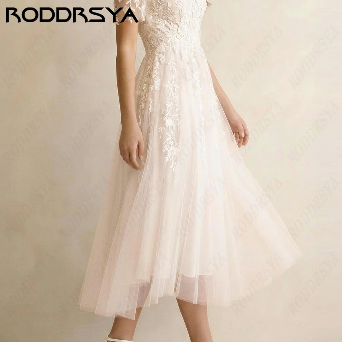 RODDRSYA Mid-Calf A-Line Customized Wedding Dresses V Neck Tulle Simple Bride Gown Short Sleeve Lace Appliques Bridal Dress