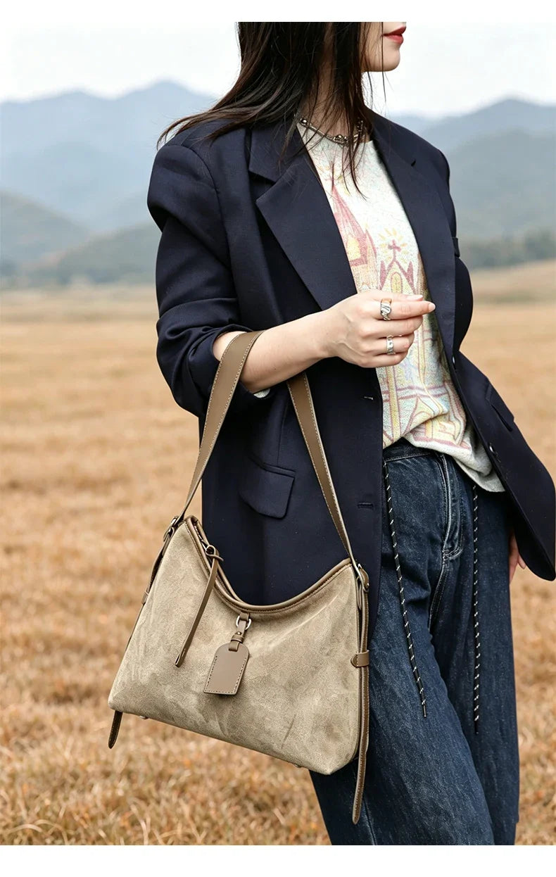Winter Women's Natural Suede Leather Classic Underarm Bag Female Soft Cowhide Durable Handbags Ladies Luxury Designer Bags