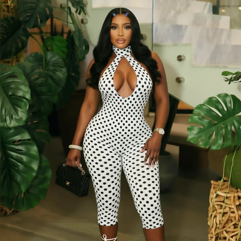 Polka dot print neck strap, big backless, tight fitting and slimming seven part jumpsuit