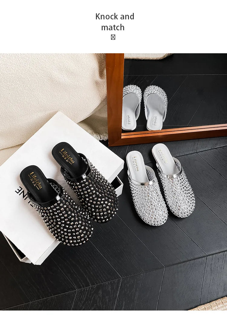 Summer Shoes for Women Slippers Luxury Rhinestone Rivets Casual Sandals Mesh Slip-on Loafers