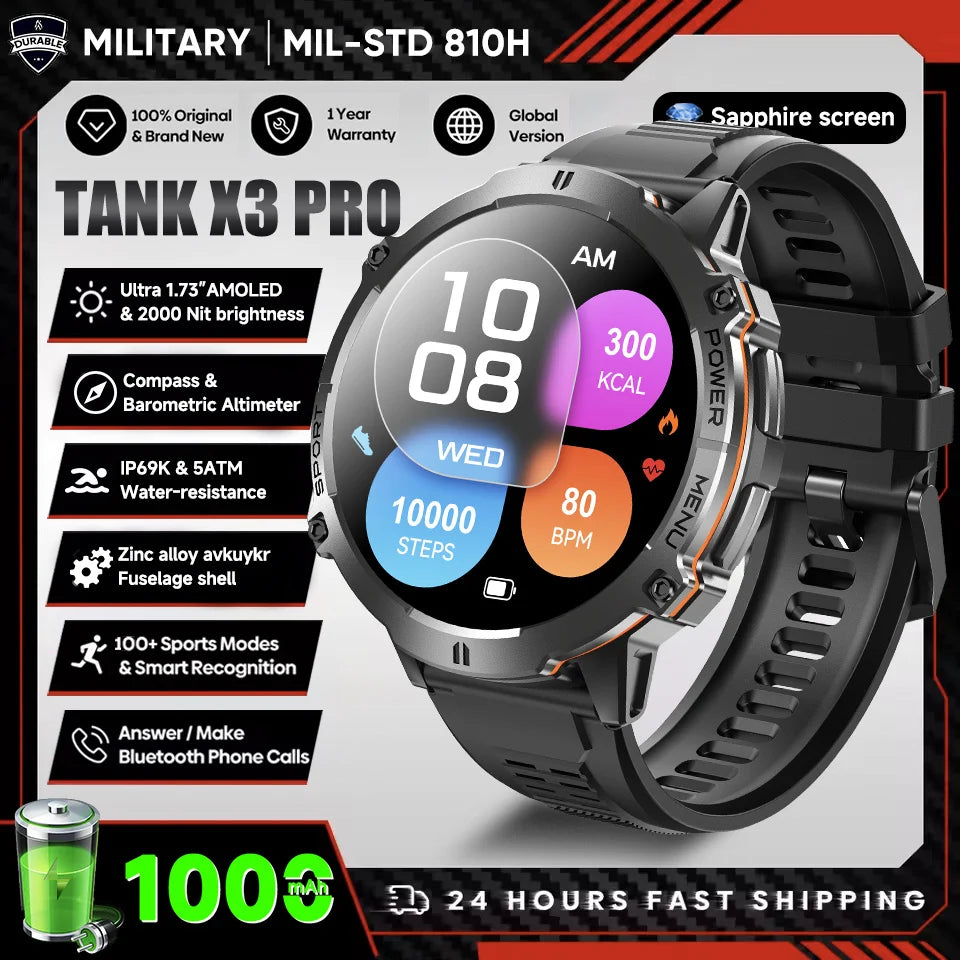2026 New Military TANK X3 1000mAh Battery Smart Watch Men 10ATM Waterproof Swim GPS Path 1.75" AMOLED HD Call Sports Smartwatch