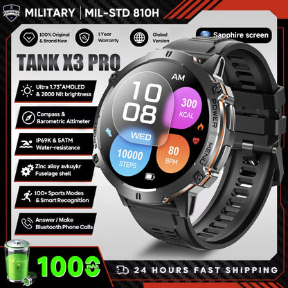 2026 New Military TANK X3 1000mAh Battery Smart Watch Men 10ATM Waterproof Swim GPS Path 1.75" AMOLED HD Call Sports Smartwatch