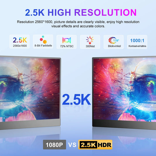 2.5K Portable Monitor 13.3” 2560x1600 External Display 16:10 Second Monitor Screen Type-C HDMI for Xbox Switch PS Phone