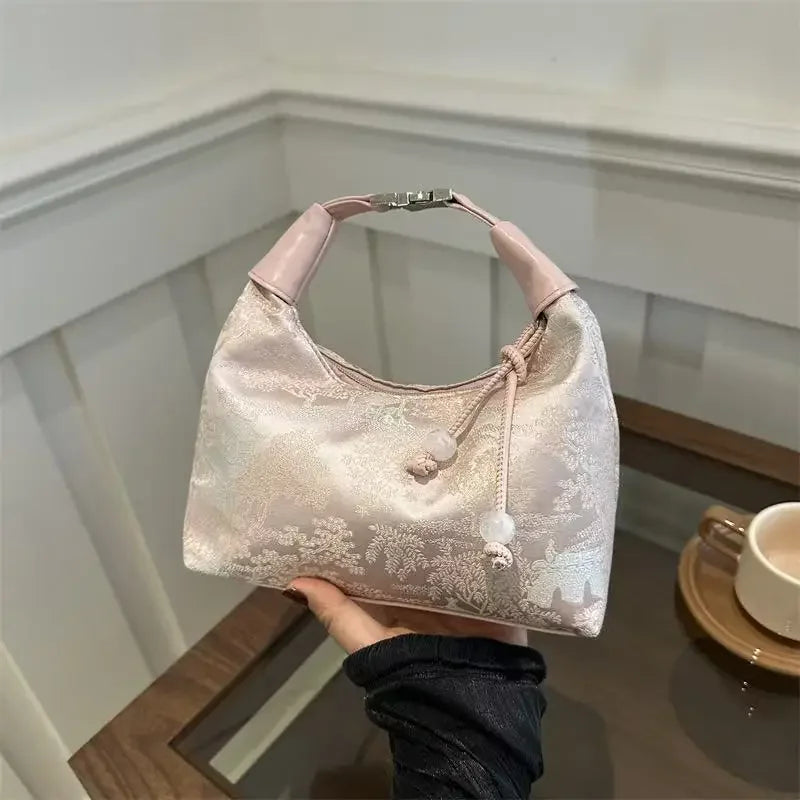 Fashion Luxury Women Embroidery Shoulder Bag Nylon Pearl Pendant Bucket Bag Versatile Handbag Retro Women Crossbody Bags сумка