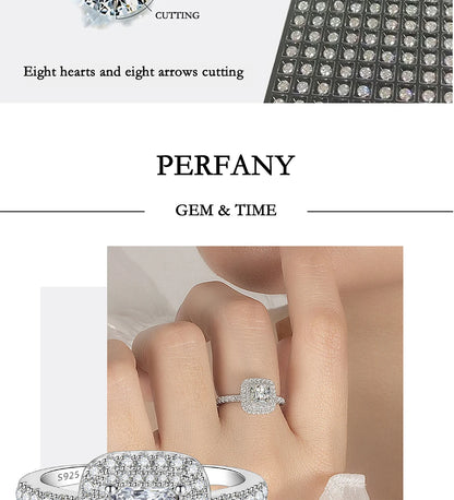 PERFANY 1CT Princess Square Cut Moissanite Ring Women S925 Pure Silver Laboratory Diamond Wedding Fashion Luxury Jewelry