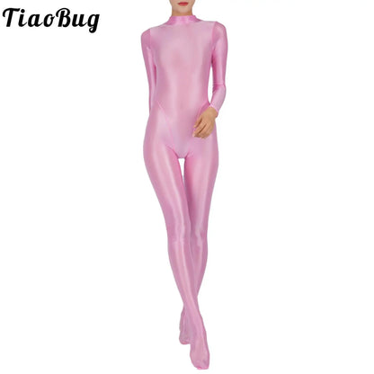 Women Glossy Full Body Jumpsuit Gym Yoga Tights Rompers Mock Neck Long Sleeve Footed One Piece Jumpsuit Clubwear Sportwear