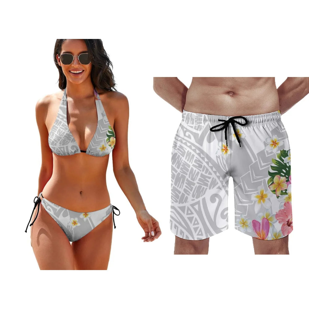 Polynesian Pattern Floral Print Lace-Up Swimsuit Pool Party Couple Suit Summer Custom Couple Suit Women Bikini Men Beach Pants
