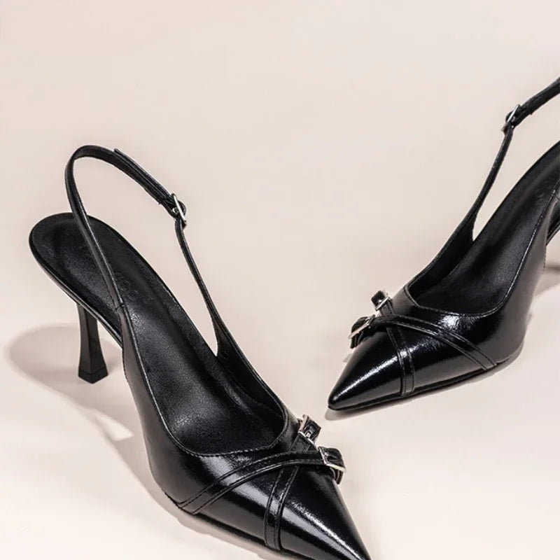 Fashionable Pointed Toe Shallow Mouth New High-heeled Shoes Summer Elegant Buckle Decorated Stiletto Black Women's Shoes NO:602