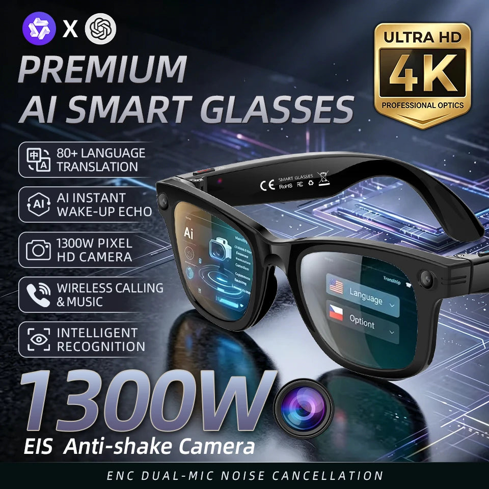 LIGE New 4K Smart Glasses 1300W HD Camera 290mAh Long Battery Life 88+Language Translation Bluetooth Call Waterproof Sunglasse