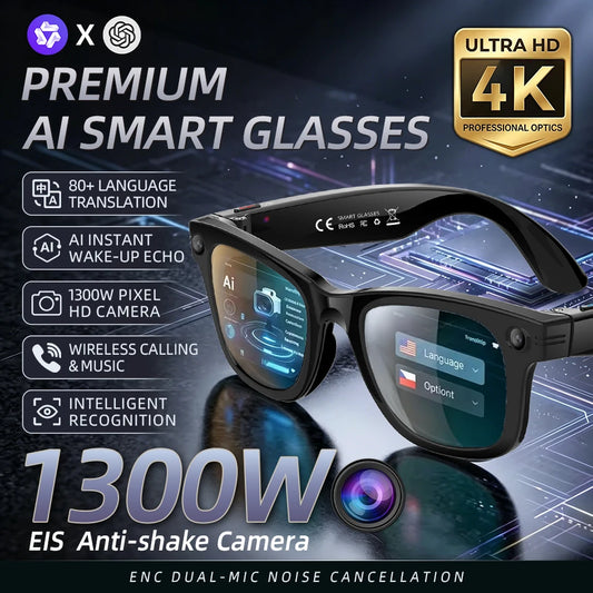 LIGE New 4K Smart Glasses 1300W HD Camera 290mAh Long Battery Life 88+Language Translation Bluetooth Call Waterproof Sunglasse