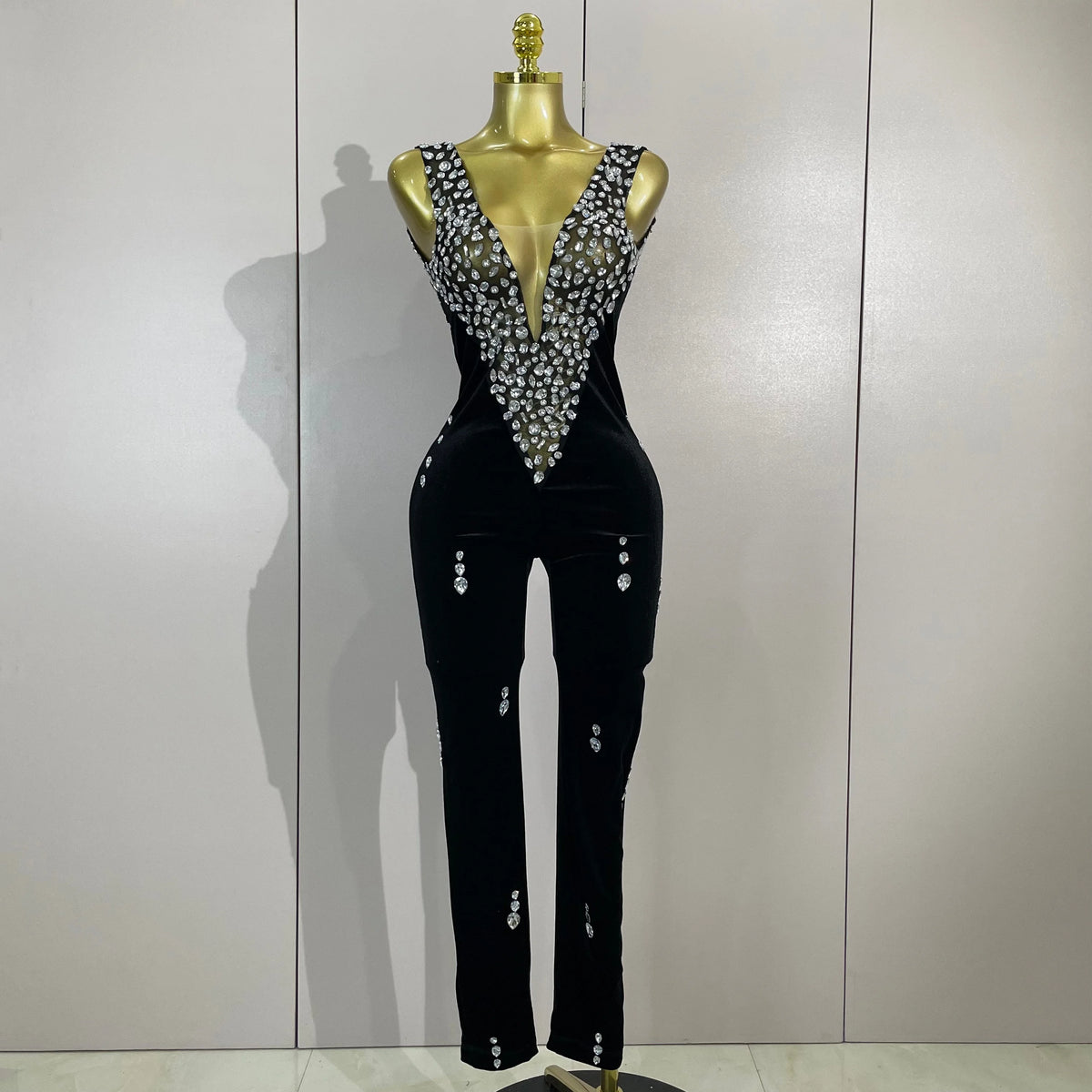 Sexy Sparkly Rhinestones Black Velvet Jumpsuit Women Performance Dance Costume Celebrate Club Luxury Birthday Party Stage Outfit